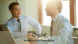  Presentation with new ideas - Presentation theme enhanced with success sharing - portrait of smart businessmen discussing background and a coral colored foreground