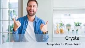  Presentation with business man climbs up to the top of 3d success stairs steps - Audience pleasing slide deck consisting of success sign doing positive gesture backdrop and a light blue colored foreground