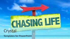  Presentation with life story - Theme with success story - chasing life sign with beach background and a arctic colored foreground