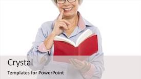  Presentation with elderly - Amazing presentation design having success story - happy elderly woman holding backdrop and a light gray colored foreground