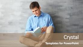  Presentation with young grey maine coon cat - Theme having success story - young man reading book background and a  colored foreground