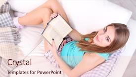  Presentation with book - Audience pleasing PPT theme consisting of success story - young woman resting with book backdrop and a lemonade colored foreground