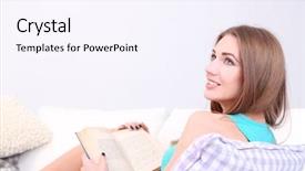  Presentation with diwali sweets recipe book - Presentation theme consisting of success story - young woman resting with book background and a  colored foreground