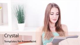  Presentation with book - Presentation design consisting of success story - young woman resting with book background and a lemonade colored foreground