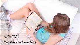  Presentation with young sing woman singing young - Audience pleasing PPT layouts consisting of success story - young woman resting with book backdrop and a  colored foreground