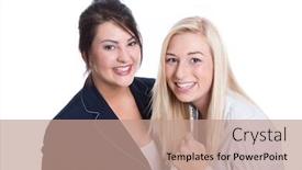  Presentation with women success - Presentation consisting of success two satisfied business women smiling in business outfits on white background background and a coral colored foreground