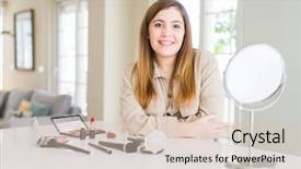  Presentation with cosmetics - Slide set consisting of success up front - beautiful young woman using make background and a lemonade colored foreground