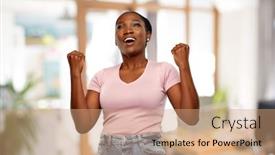  Presentation with young happy people smiling - Colorful slides enhanced with success-winning-gesture-and-people backdrop and a coral colored foreground