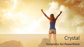  Presentation with mountain top - Cool new slide deck with hiker with backpack enjoying sunrise from top of a mountain backdrop and a yellow colored foreground