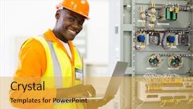  Presentation with electrical engineer - Audience pleasing theme consisting of successful african electrical engineer using backdrop and a yellow colored foreground