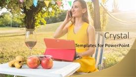  Presentation with business diversity wheel chair - Slide set featuring successful and beautiful female entrepreneur managing business through mobile phone and tablet while sitting down on a picnic chair in the park background and a lemonade colored foreground