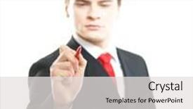  Presentation with writing pen - Presentation design with successful and smart businessman writing imaginary text isolated on white background man is blurry focus on the pen background and a light gray colored foreground