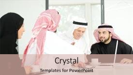  Presentation with shaking hands - Presentation design consisting of successful arabic business people shaking background and a soft green colored foreground