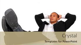  Presentation with business office desk - Cool new presentation with successful business a young satisfied businessman sitting by desk at office feet on table thinking backdrop and a coral colored foreground