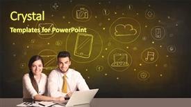  Presentation with successful - Slide deck enhanced with successful business couple with all kind of hand-drawn media icons in background background and a tawny brown colored foreground