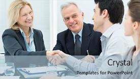  Presentation with executive business negotiation skills - Theme with successful business executives shaking hands background and a light blue colored foreground