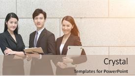  Presentation with business partner - Presentation design with successful business man with his young team partner in hong kong background and a coral colored foreground
