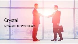  Presentation with full page business - Slide deck with successful business men shaking hand background and a lemonade colored foreground