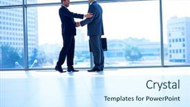  Presentation with shaking hands - Slide deck enhanced with successful business men shaking hand background and a cool aqua colored foreground