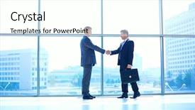  Presentation with full length portrait two men women brown sweater - Slide deck having successful business men shaking hand background and a white colored foreground