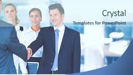  Presentation with full page business services - Beautiful theme featuring successful business men shaking hands backdrop and a cool aqua colored foreground