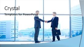  Presentation with full page business services - Presentation theme featuring successful business men shaking hands background and a white colored foreground