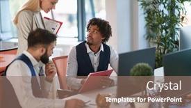  Presentation with software - Slide deck consisting of successful-business-people-and-software background and a coral colored foreground