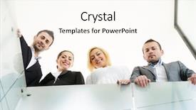  Presentation with railing - Cool new slides with successful business people on railing backdrop and a pink colored foreground