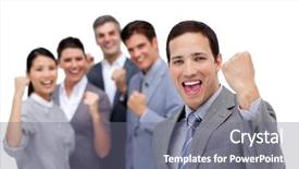  Presentation with team celebration - Beautiful PPT theme featuring successful business team punching backdrop and a gray colored foreground