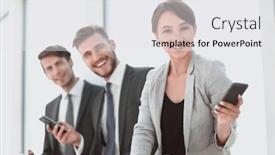  Presentation with lobby - PPT theme enhanced with successful business team sitting in the office lobby background and a white colored foreground