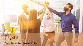  Presentation with face mask - Audience pleasing presentation theme consisting of successful-business-team-with-face backdrop and a coral colored foreground