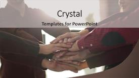  Presentation with woman leader - PPT theme having successful business team with hands background and a  colored foreground