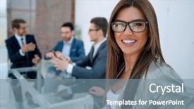  Presentation with conference table - Colorful slide set enhanced with successful business woman sitting backdrop and a  colored foreground