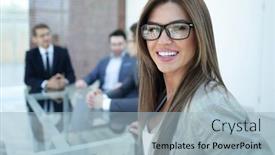  Presentation with meeting table - Presentation theme consisting of successful-business-woman-sitting background and a light blue colored foreground