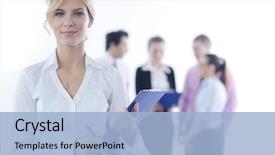  Presentation with successful - Beautiful presentation theme featuring successful business woman standing staff background modern bright office backdrop and a light blue colored foreground