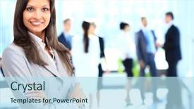  Presentation with staff - Beautiful slide deck featuring successful business woman standing staff background office backdrop and a light blue colored foreground