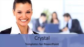  Presentation with staff - Theme enhanced with successful business woman standing staff background office background and a teal colored foreground