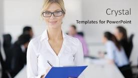  Presentation with staff - Presentation theme with successful business woman standing with her staff in background at modern bright office background and a light gray colored foreground