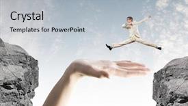  Presentation with successful - Slide deck enhanced with successful businessman jumping over gap background and a light gray colored foreground