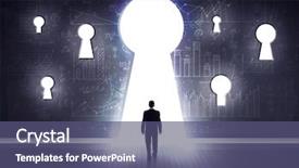  Presentation with keyhole - Presentation design enhanced with successful businessman looking through keyhole background and a ocean colored foreground