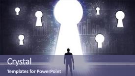  Presentation with keyhole - PPT theme with successful businessman looking through keyhole background and a ocean colored foreground