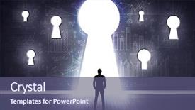  Presentation with keyhole - Presentation theme consisting of successful businessman looking through keyhole background and a ocean colored foreground