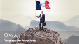  Presentation with france flag - Audience pleasing PPT theme consisting of successful businessman on the top of a mountain holding france victory flag backdrop and a gray colored foreground