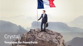  Presentation with france flag - PPT theme with successful businessman on the top of a mountain holding france victory flag background and a gray colored foreground