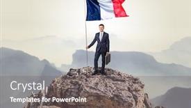  Presentation with france flag - Colorful presentation enhanced with successful businessman on the top of a mountain holding france victory flag backdrop and a gray colored foreground