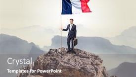  Presentation with mountain top - Audience pleasing slide deck consisting of successful businessman on the top of a mountain holding france victory flag backdrop and a gray colored foreground