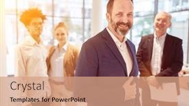  Presentation with front office - PPT theme consisting of successful-businessman-standing-smiling background and a coral colored foreground