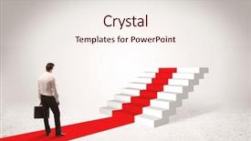  Presentation with red carpet - Colorful presentation design enhanced with successful businessman with briefcase standing on red carpet in front of steps in white space concept backdrop and a sky blue colored foreground