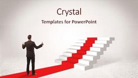  Presentation with red carpet - Presentation theme with successful businessman with briefcase standing on red carpet in front of steps in white space concept background and a sky blue colored foreground