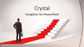  Presentation with red carpet - Cool new theme with successful businessman with briefcase standing on red carpet in front of steps in white space concept backdrop and a cream colored foreground